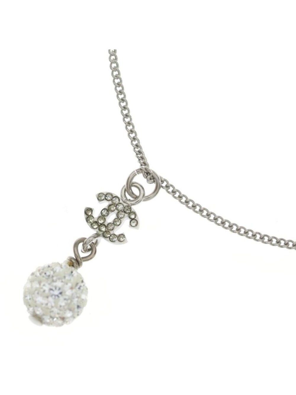 Chanel CC Logo Mirror Ball Rhinestone Pendant Chain Silver